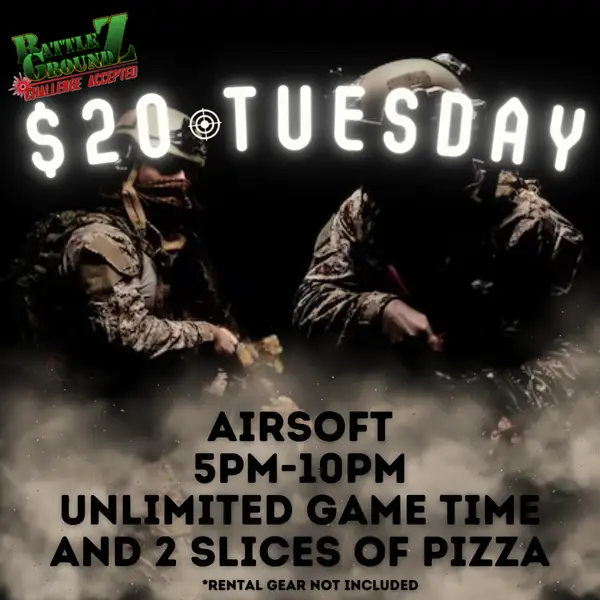 Flyer for $20 Airsoft Tuesday