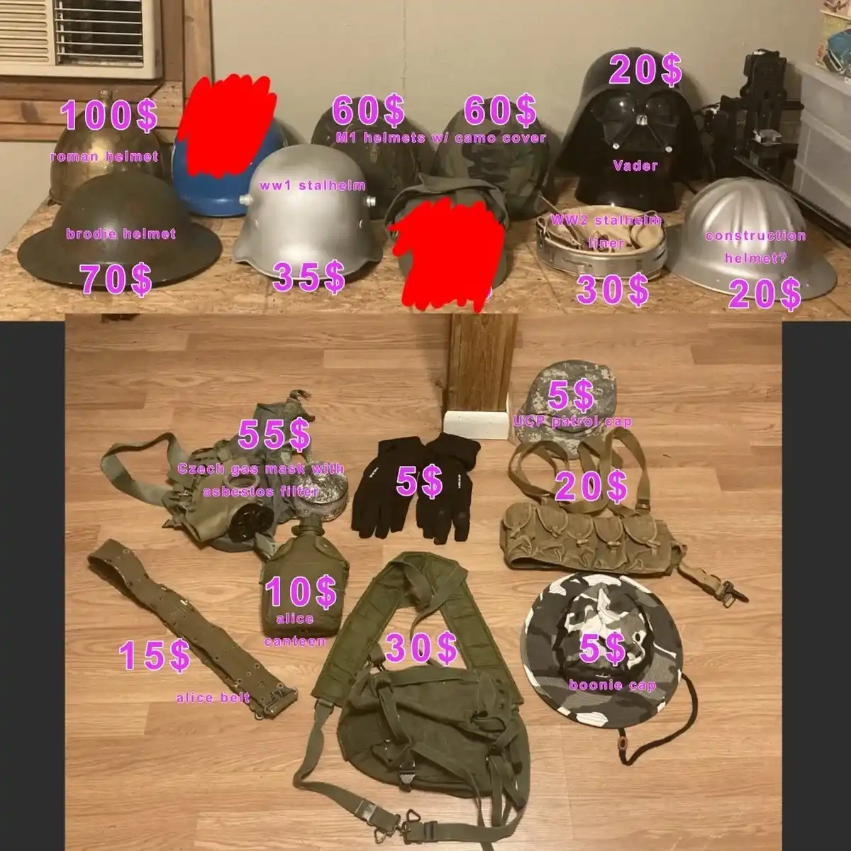 Military and reenactment gear including german army, alice gear, and soviet reproductions