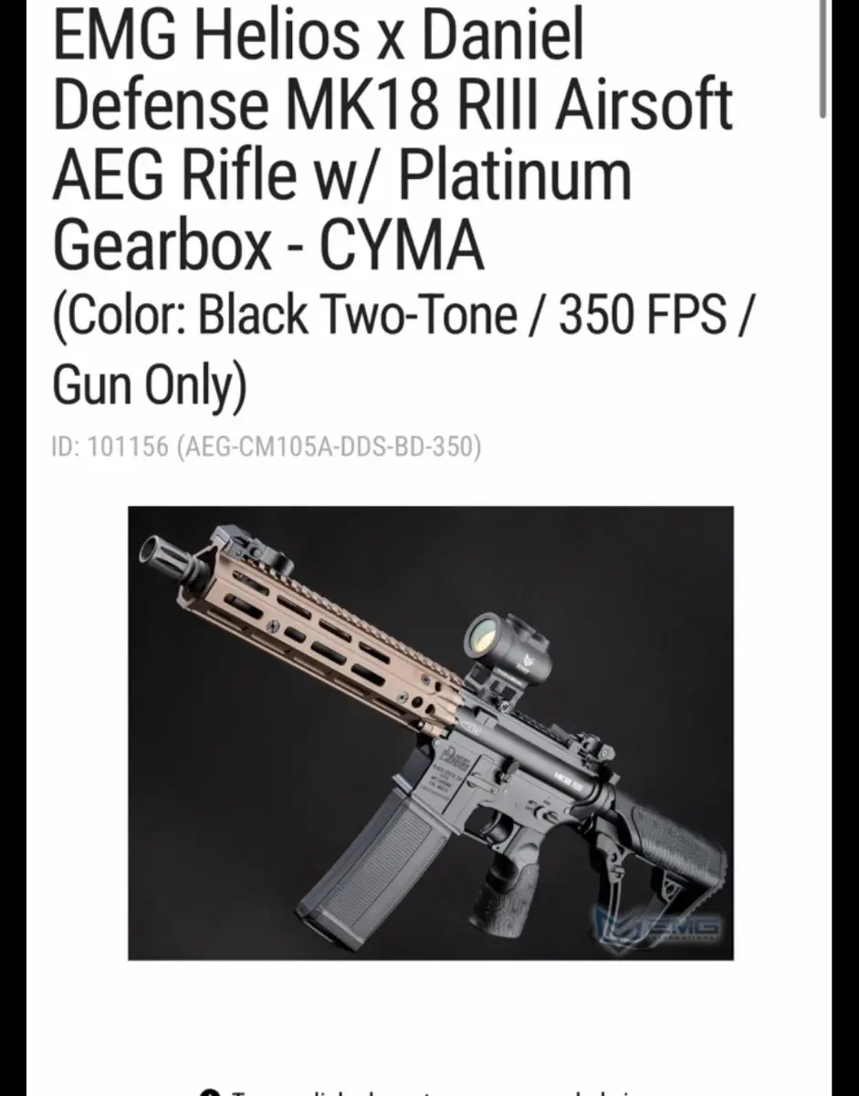 EMG Helios x Daniel Defense MK18 RIII Airsoft AEG Rifle w/ Platinum Gearbox - CYMA
